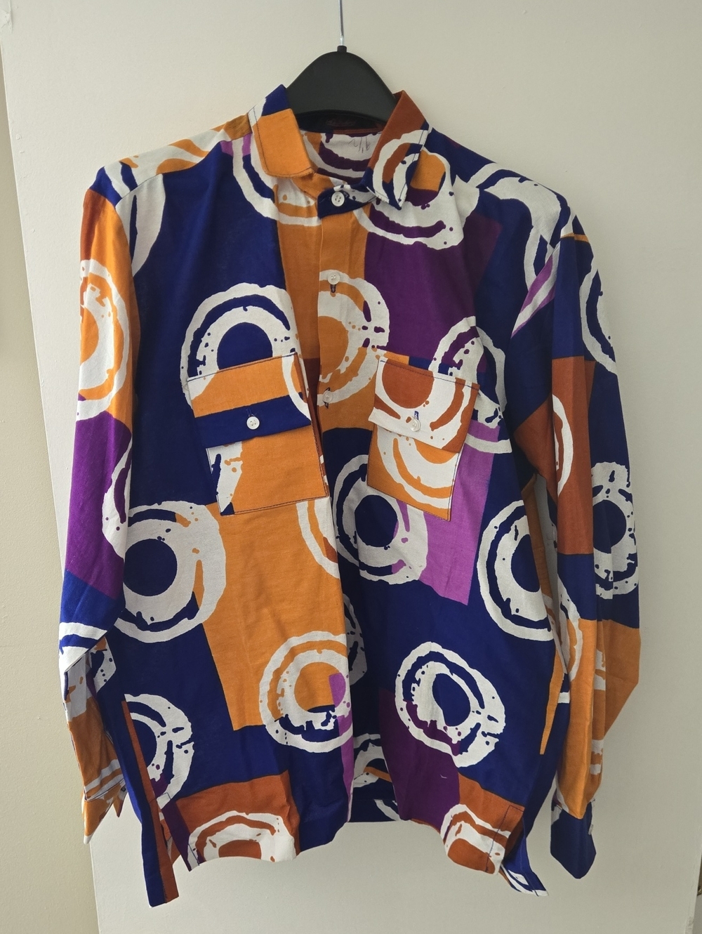 Bold Abstract Print Button-Up Shirt in Purple, Orange & White